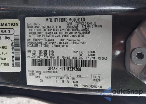 2015 Ford Fusion Se из США, поврежденный, VIN 3FA6P0H91FR239208